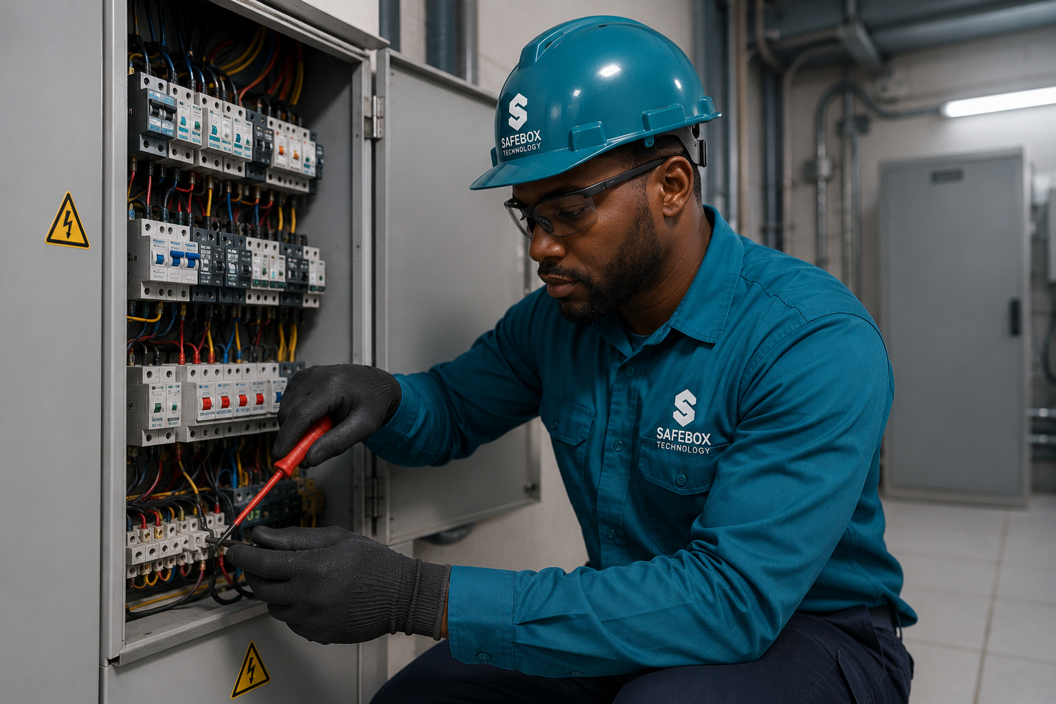 Safebox Technology technician carrying out professional plumbing maintenance on commercial facility pipe systems